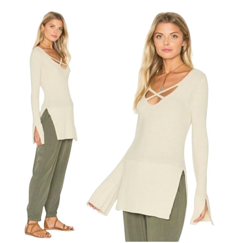 Free People Ivory Criss Cross Long Sleeve Pullover Sweater Tunic Sz S